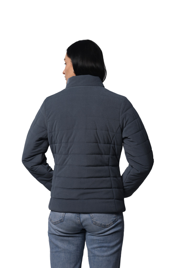 A model showcasing Women Quilted Jacket In Velvet Fabric With Concealed Zipper Pocket thumbnail.